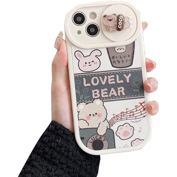 Compatible with iPhone Case,Cute Kawaii 3D Bear Slide Camera Lens Protection Soft Shockproof Cover Phone Case for Women Girls (White,iPhone Xr)