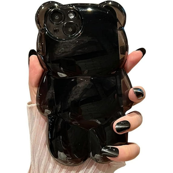 Compatible with iPhone Case,Cute Kawaii 3D Cartoon Heart Bear Camera Lens Protection Clear Shockproof Cover Phone Case (Black,iPhone X/Xs)