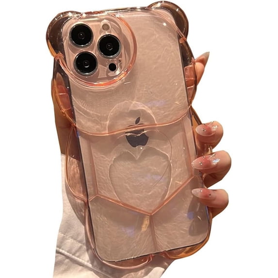 Compatible with iPhone Case,Cute Kawaii 3D Cartoon Heart Bear Camera Lens Protection Clear Shockproof Cover Phone Case (Pink,iPhone 14)