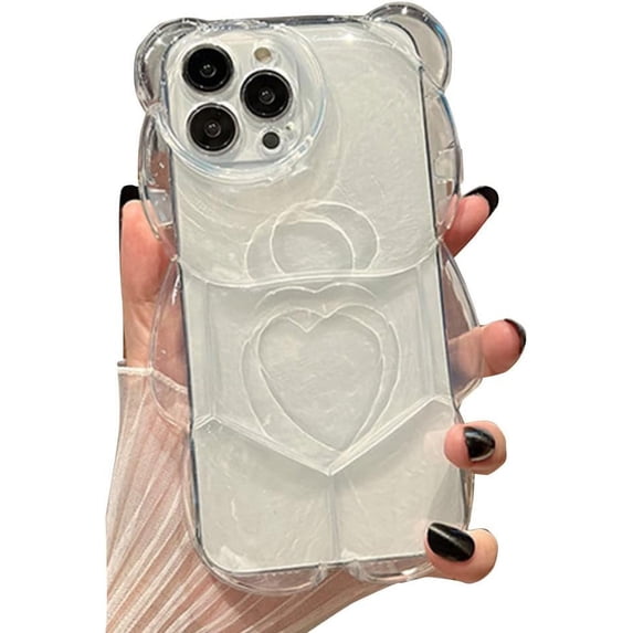 Compatible with iPhone Case,Cute Kawaii 3D Cartoon Heart Bear Camera Lens Protection Clear Shockproof Cover Phone Case (White,iPhone 14 Pro Max)