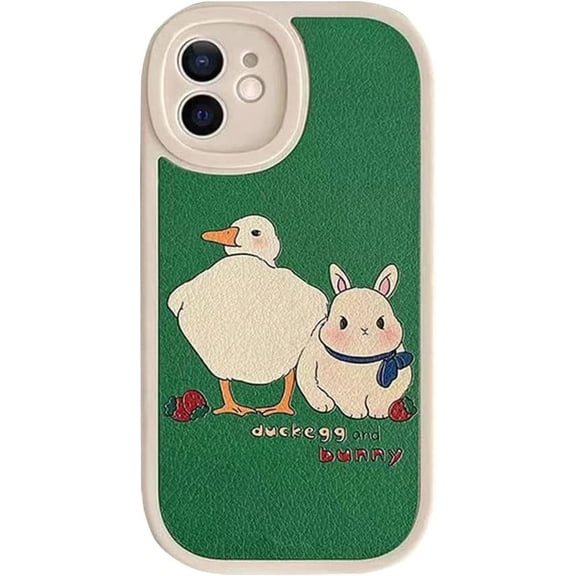 Compatible with iPhone Case,Cute Kawaii Bunny Duck PU Leather Bumper Camera Lens Protection Soft Shockproof Cover Phone Case (Green,iPhone 12 Pro)