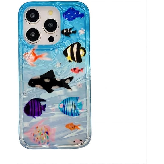Compatible with iPhone Case,Cute Ocean Animals Aquaria Lovely Fishes Full Body Protection Soft Shockproof Cover Phone Case (Blue,iPhone 15)