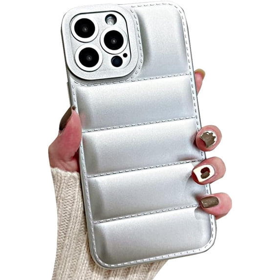 Compatible with iPhone Case,Cute Puffer Down Jacket Camera Lens Protection Soft Shockproof Cover Phone Case (Silver,iPhone 14)