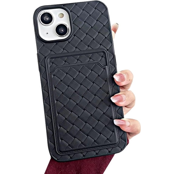 Compatible with iPhone Case,Cute Weave Texture Credit Card Slot Holder Wallet Protection Soft Shockproof Cover Phone Case (Black,iPhone 13 Pro)