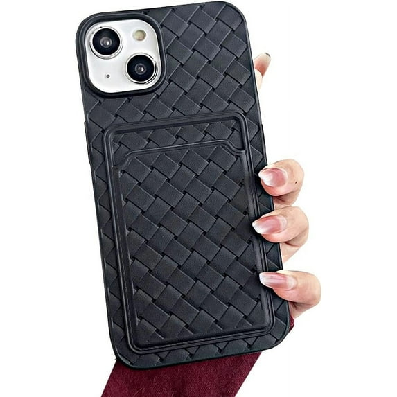 Compatible with iPhone Case,Cute Weave Texture Credit Card Slot Holder Wallet Protection Soft Shockproof Cover Phone Case (Black,iPhone 13)