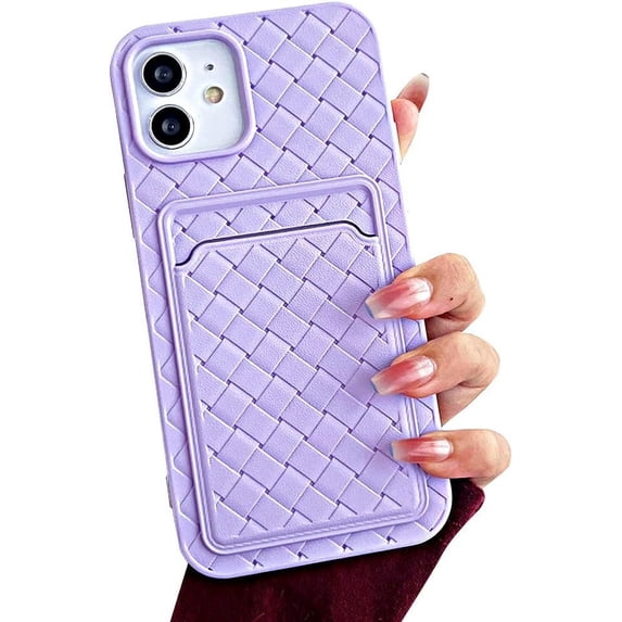 Compatible with iPhone Case,Cute Weave Texture Credit Card Slot Holder Wallet Protection Soft Shockproof Cover Phone Case (Purple,iPhone 13)