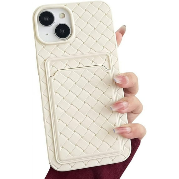 Compatible with iPhone Case,Cute Weave Texture Credit Card Slot Holder Wallet Protection Soft Shockproof Cover Phone Case (White,iPhone 12 Pro)