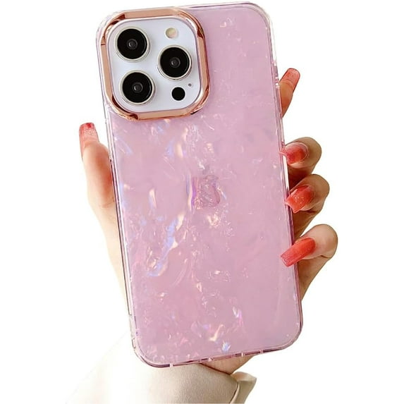 Compatible with iPhone Case,Electro Plated Camera Glitter Pearly Shell Pattern Full Body Protection Soft Shockproof Cover Phone Case (Pink,iPhone 15)