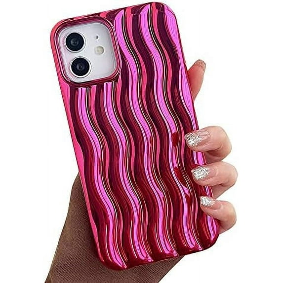 Compatible with iPhone Case,Electro Plated Curly Wave Water Ripple Pattern Camera Lens Protection Soft Shockproof Cover Phone Case (Red,iPhone 13)