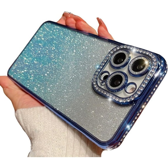 Compatible with iPhone Case,Glitter Diamond Electro Plated Bumper Clear Camera Lens Protection Soft Shockproof Cover Phone Case (Blue,iPhone 14 Plus)