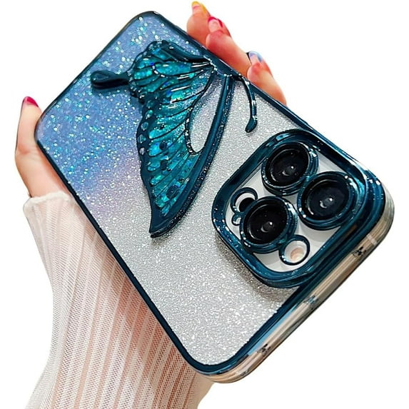 Compatible with iPhone Case,Glitter Electro Plated Butterfly Liquid Sand Camera Lens Protection Soft Shockproof Cover Phone Case (Blue,iPhone 12 Pro)
