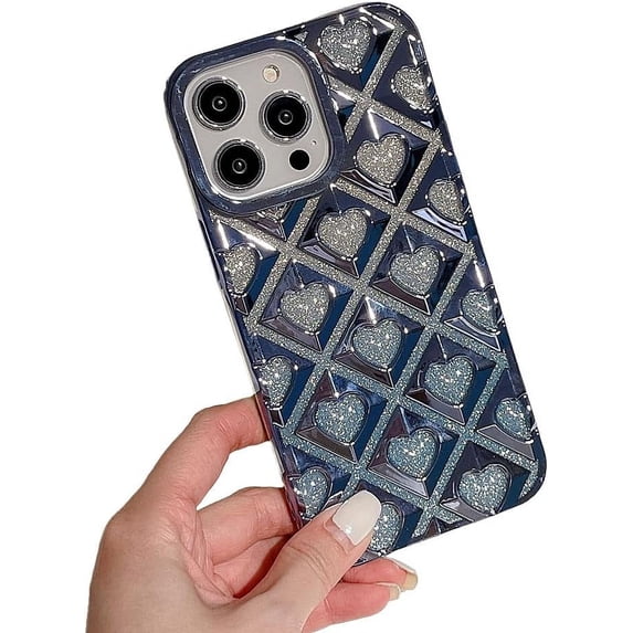 Compatible with iPhone Case,Glitter Electroplated Argyle Checkered Heart Full Body Protection Soft Shockproof Cover Phone Case (Blue,iPhone 11)