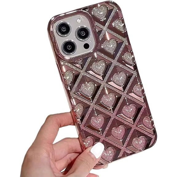 Compatible with iPhone Case,Glitter Electroplated Argyle Checkered Heart Full Body Protection Soft Shockproof Cover Phone Case (Pink,iPhone 14 Plus)