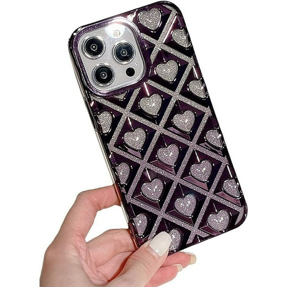 Compatible with iPhone Case,Glitter Electroplated Argyle Checkered Heart Full Body Protection Soft Shockproof Cover Phone Case (Purple,iPhone 13 Pro)