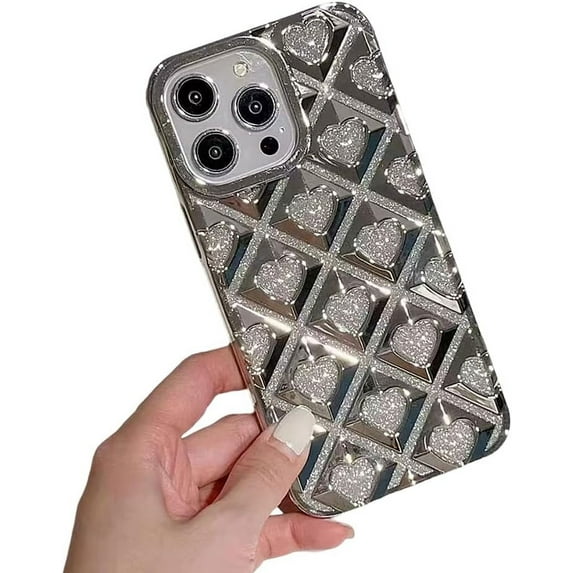 Compatible with iPhone Case,Glitter Electroplated Argyle Checkered Heart Full Body Protection Soft Shockproof Cover Phone Case (Silver,iPhone 15 Pro)