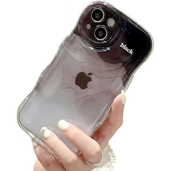 Compatible with iPhone Case,Gradient Color Curly Wave Frame Camera Lens Protection Clear Soft Shockproof Cover Phone Case (Black,iPhone 13)