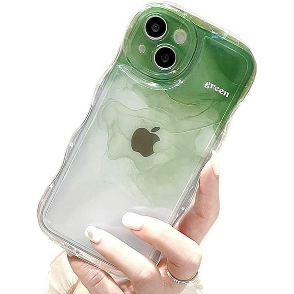 Compatible with iPhone Case,Gradient Color Curly Wave Frame Camera Lens Protection Clear Soft Shockproof Cover Phone Case (Green,iPhone 12)