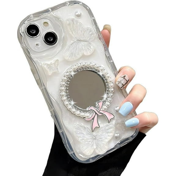 Compatible with iPhone Case,Luxury Crystal Butterfly with Pearl Mirror Clear Camera Lens Protection Shockproof Cover Phone Case (Clear,iPhone 11)