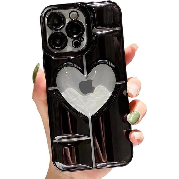Compatible with iPhone Case,Luxury Electroplated Heart Shpae Hollow Camera Lens Protection Soft Shockproof Cover Phone Case (Black, iPhone 13)