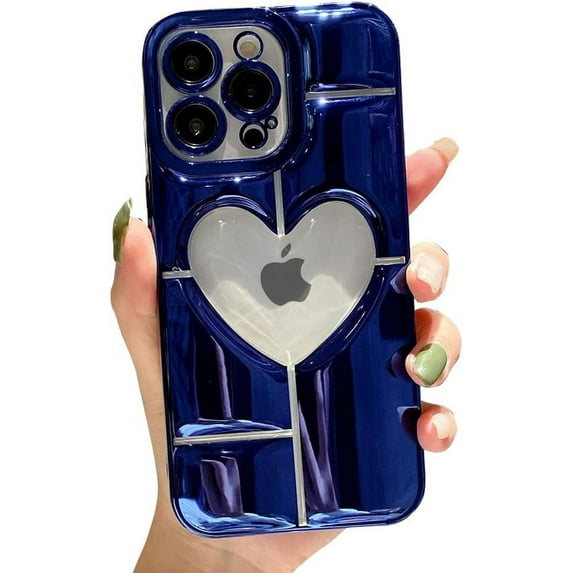 Compatible with iPhone Case,Luxury Electroplated Heart Shpae Hollow Camera Lens Protection Soft Shockproof Cover Phone Case (Navy Blue, iPhone 13)