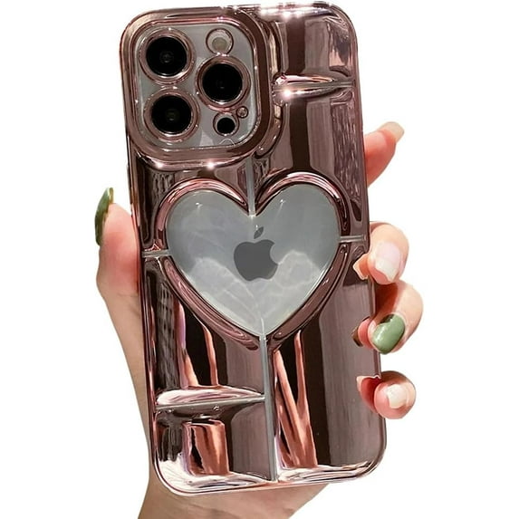 Compatible with iPhone Case,Luxury Electroplated Heart Shpae Hollow Camera Lens Protection Soft Shockproof Cover Phone Case (Pink, iPhone 15)