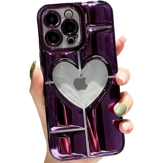 Compatible with iPhone Case,Luxury Electroplated Heart Shpae Hollow Camera Lens Protection Soft Shockproof Cover Phone Case (Purple,iPhone 12 Pro)