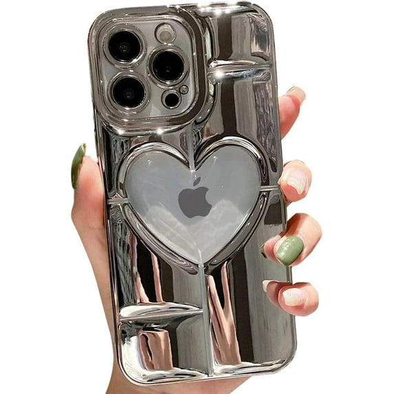 Compatible with iPhone Case,Luxury Electroplated Heart Shpae Hollow Camera Lens Protection Soft Shockproof Cover Phone Case (Silver, iPhone 15)