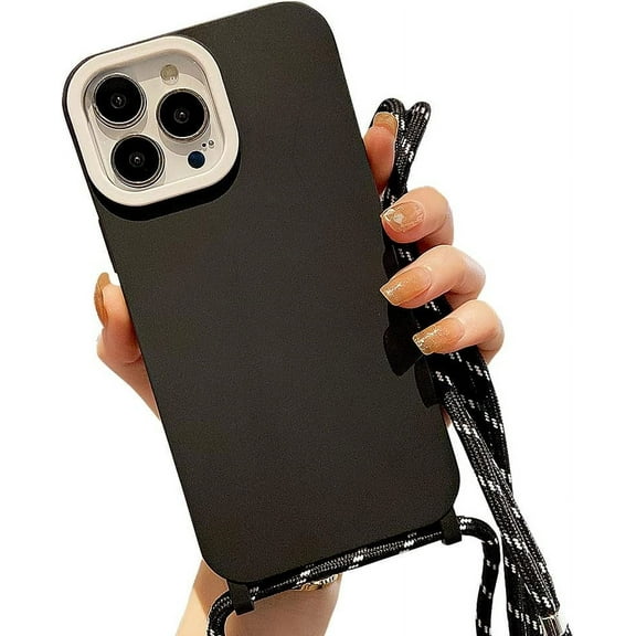 Compatible with iPhone Case,Matte Crossbody Lanyard Drop Protection Neck Strap Soft Shockproof Cover Phone Case (Black,iPhone 13 Pro Max)