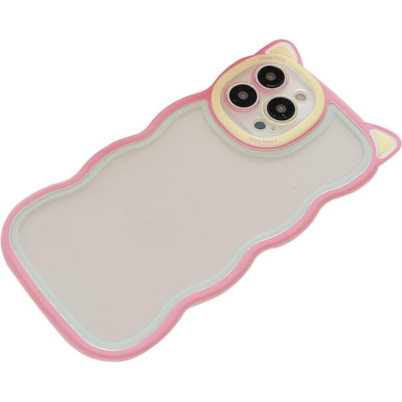 Compatible with iPhone Case for Women/Girls, Cute Candy Color 3D Cat Ears Curly Wave Anti-Scratch Shockproof Soft Phone Case for iPhone 15, Blue-Pink