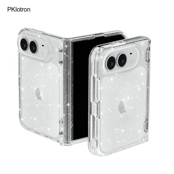 Compatible with iPhone Duo PC Case, Semi-Transparent Sparkle Foldable Phone Cover, Shock-Resistant Fingerprint-Proof Protective Case, White