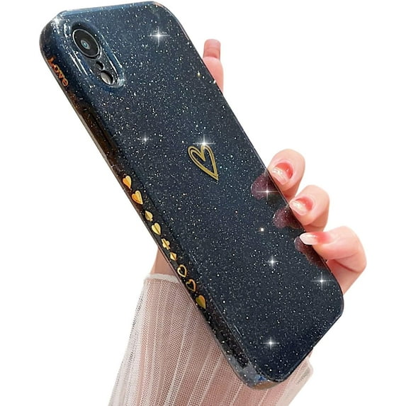 Compatible with iPhone XR Case,Love Heart Pattern Design Soft TPU Shockproof Protective Case Bling Sparkly Glitter Cover for iPhone XR-Black
