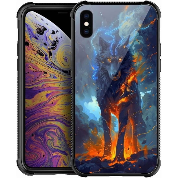 Compatible with iPhone Xs Case, The Burning Blue Wolf Case for Men Woman, Anti-Scratch Soft TPU Shockproof Unique Protective Cover Pattern Design
