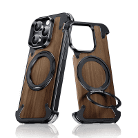 Compatible with iPhone, wooden phone case, metal frame, magnetic bracket