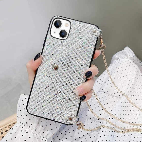 Compatible withiPhone 15 Bling Case, Glitter Diamond Sequins Case Small Credit Card Cash Holder Wallet Case with Shiny Crossbody Chain Hard PC Back Protective Girly Stand Case White
