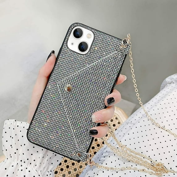 Compatible withiPhone 15 Bling Case, Glitter Diamond Sequins Case Small Credit Card Cash Holder Wallet Case with Shiny Crossbody Chain Hard PC Back Protective Girly Stand Case Black