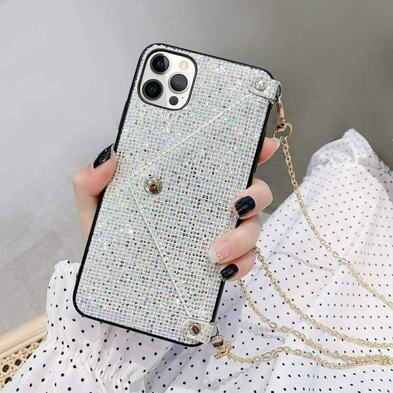 Compatible withiPhone 15 Pro Max Bling Case, Glitter Diamond Sequins Case Small Credit Card Cash Holder Wallet Case with Shiny Crossbody Chain Hard PC Back Protective Girly Stand Case White