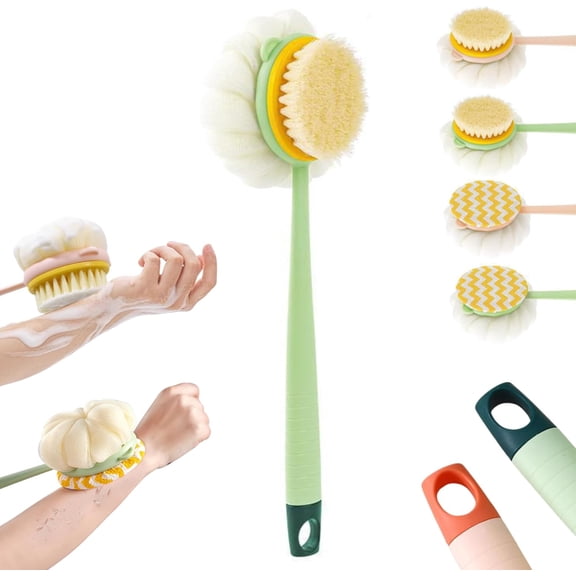 Competeend 2-in-1 Bath Scrubber & Back Brush, Competeend Back Scrubber for Shower, Loofah on a Stick, Loofah with Handle Double-Sided Deep Cleaning, Wet or Dry (Green - Bristle Version)