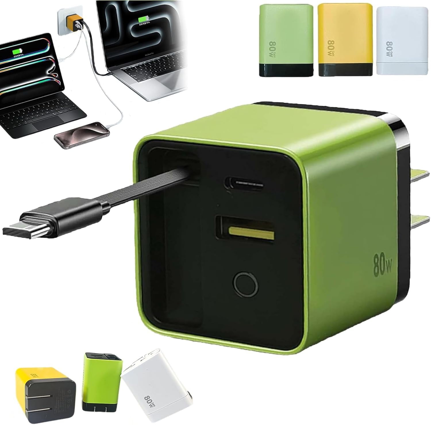 Competeend 3 in 1 Charger Retractable 80w Max Fast, Competence 3-in-1 Charger, 80W MAX Fast Charging Module with Type-C Cable and 2 USB Ports
