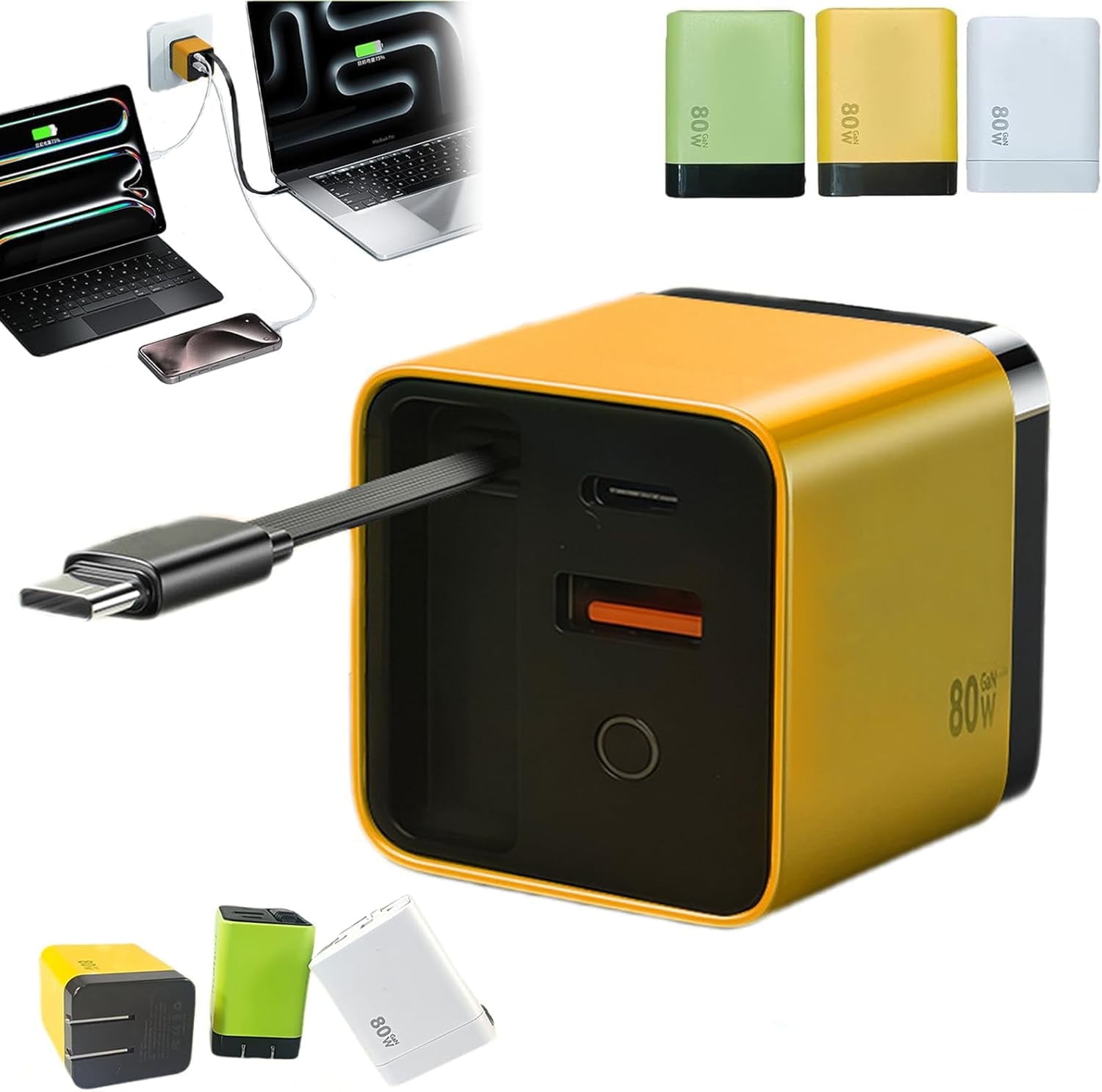 Competeend 3 in 1 Charger Retractable 80w Max Fast, Competence 3-in-1 Charger, 80W MAX Fast Charging Module with Type-C Cable and 2 USB Ports