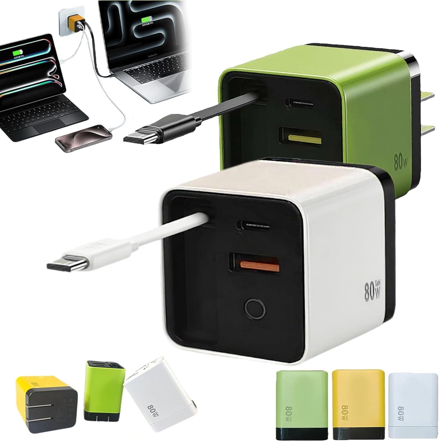 Competeend 3 in 1 Charger Retractable 80w Max Fast, Competence 3-in-1 Charger, 80W MAX Fast Charging Module with Type-C Cable and 2 USB Ports