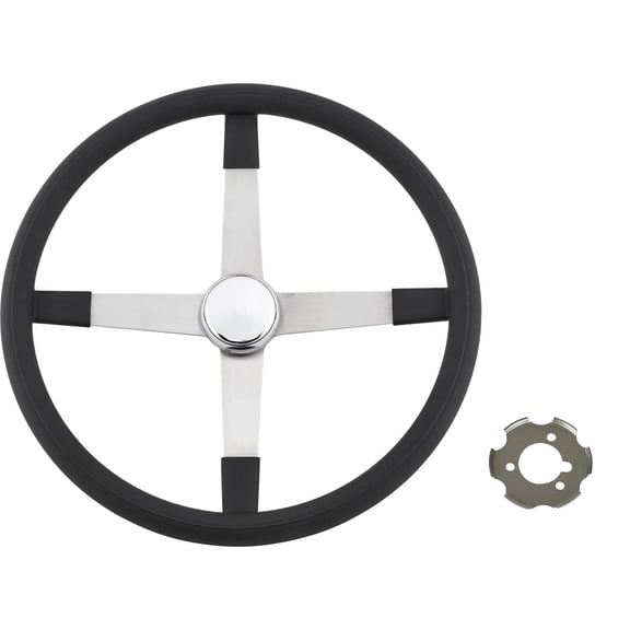 Speedway Motors Competition 17 Inch Bell Style 4 Spoke Steering Wheel with Retainer, Stainless Steel Spokes, Foam Grip Rim with Finger Grooves, 1 Inch Dish, 3 Bolt Pattern