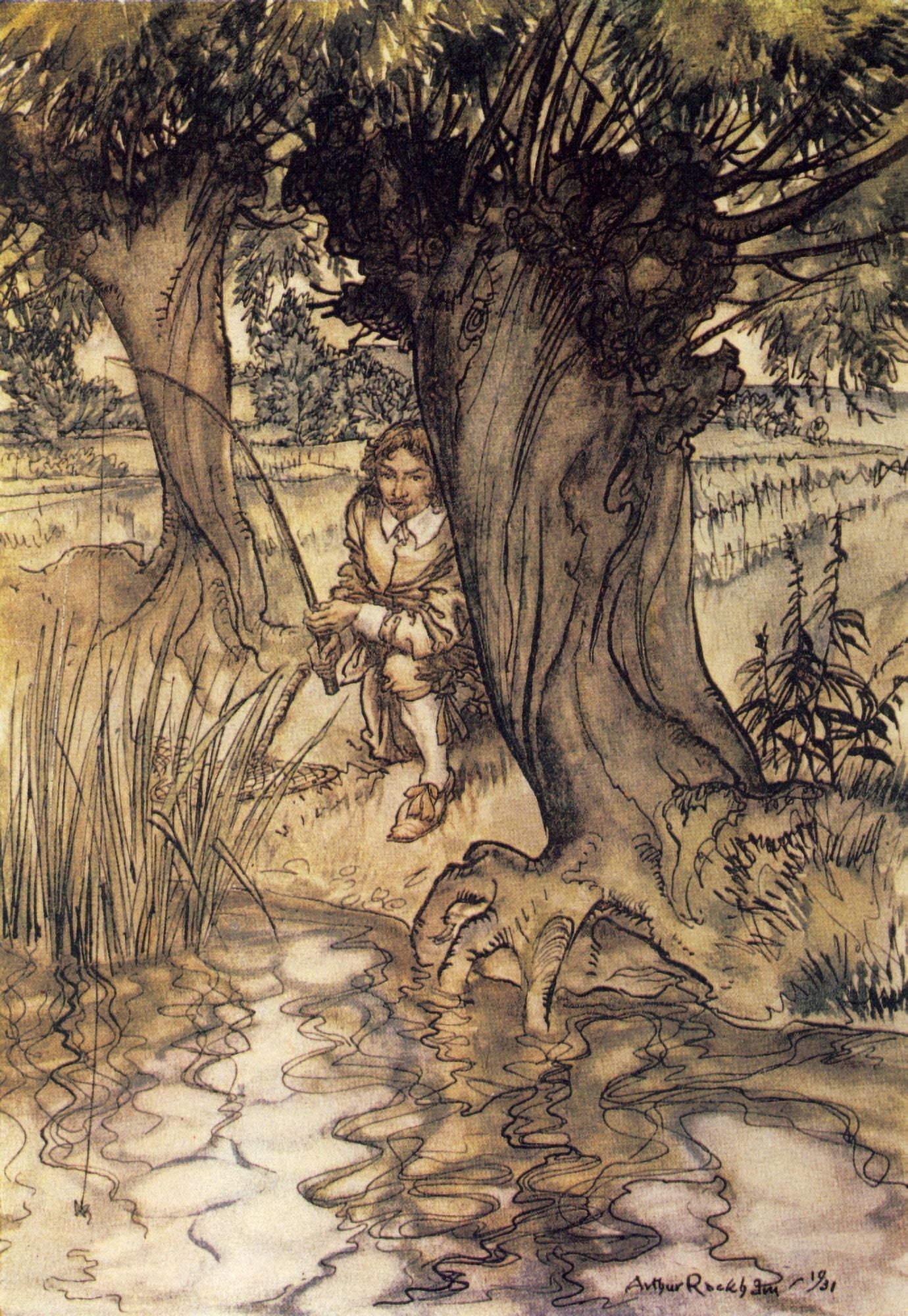 Compleat Angler 1931 Secretly behind tree Canvas Art - A Rackham (18 x 24)