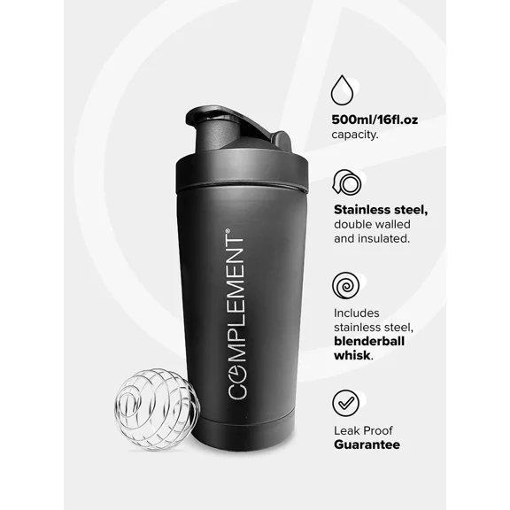 Complement Tumbler Stainless Steel Insulated Shaker Mug Bottle Black 500Ml 16Oz