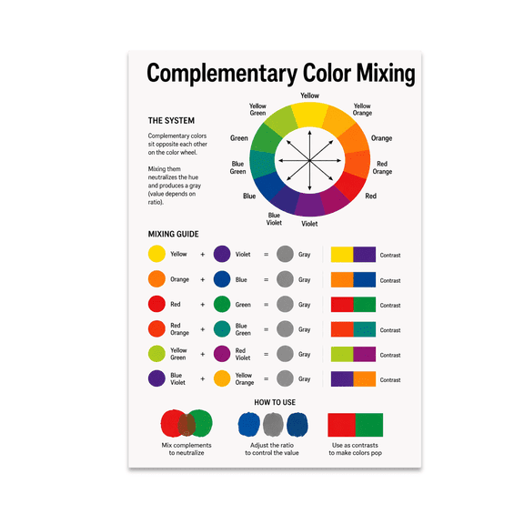 Complementary Color Mixing Educational Reference - Art Classroom - 13x19 Poster Print