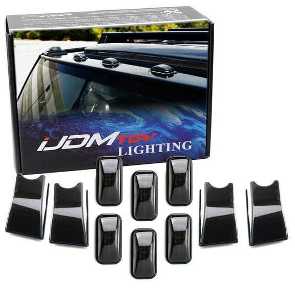 Complete 10pc Set Black-Out Smoked Lens Cab Roof Marker Light Housings For 2003-2009 Hummer H2 SUV/SUT, Replace OEM Amber/Red Lamps