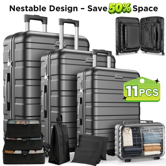 11 PCS Hardshell Luggage Sets travel carry on luggage set, Durable Hardshell Suitcases with 360 Silent Spinner Wheels and Password Lock for Family Trips, Vacation & Business, Black