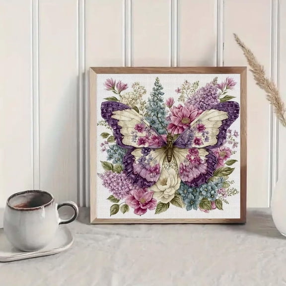 Complete 11CT Cross Stitch Kit, Butterfly Flower Pre-Printed Pattern, All-in-One Needlepoint Craft Set, 14x14 Inch Handmade Decor Gift,A