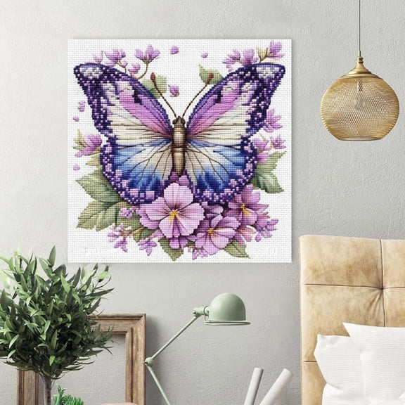 Complete 11CT Cross Stitch Kit, Butterfly Flower Pre-Printed Pattern, All-in-One Needlepoint Craft Set, 14x14 Inch Handmade Decor Gift,B