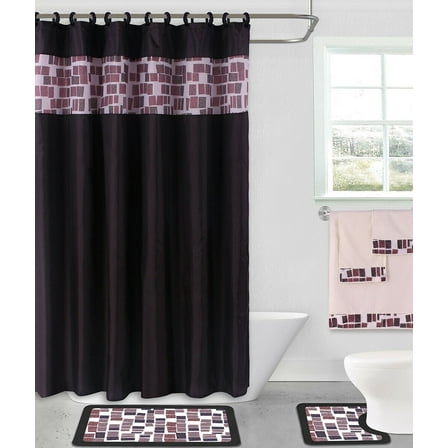 Complete 15pc Square Design Mosaic Black Color Bathroom Set Banded Rubber Backing 2 Rug Bath Mats With Fabric Shower Curtain with Hooks Machine Washable