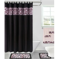 Complete 15pc Square Design Mosaic Black Color Bathroom Set Banded Rubber Backing 2 Rug Bath Mats With Fabric Shower Curtain with Hooks Machine Washable